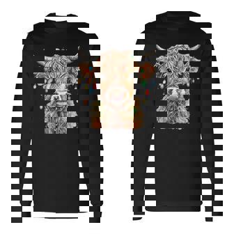 Highland Cow Xmas Lights Merry Christmas Pajamas Holiday Long Sleeve T-Shirt - Monsterry
