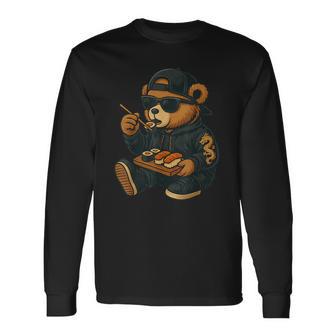 Hip Hop Teddy Bear Eating Sushi Japanese Food Men's Women's Long Sleeve T-Shirt - Monsterry