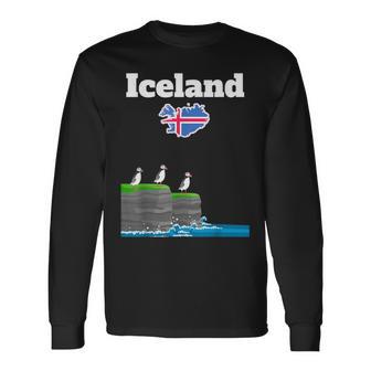 Iceland Trip Souvenir Puffin Colony Sea Cliffs Iceland Map Long Sleeve T-Shirt - Thegiftio UK