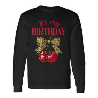 It's My Birthday Cute Cherry Leopard Coquette Bow Birthday Long Sleeve T-Shirt - Seseable