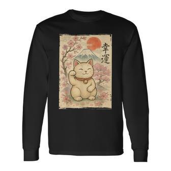 Japanese Anime Maneki Neko Waving Cat Good Luck Kanji Lucky Long Sleeve T-Shirt - Thegiftio
