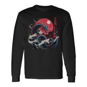Japanese Rising Dragon Great Wave Kanagawa Kanji Dragon Long Sleeve T-Shirt - Thegiftio UK