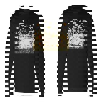 Jolie Pâquerettes Prairie Avec Chat Endormi Amusant T-shirt à manches longues - Cadeauxyz