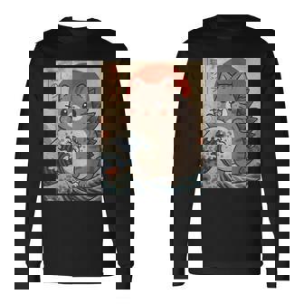 Kaiju Kitty Giant Monster Wave Cute Cozy Cat Graphic Parody Long Sleeve T-Shirt | Seseable FR