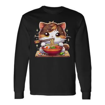 Kawaii Cat Eating Ramen Cute Anime Japanese Noodles Lover Long Sleeve T-Shirt - Monsterry