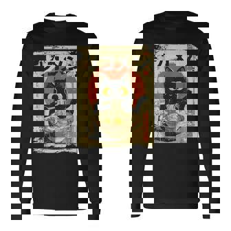 Kawaii Cat Eating Ramen Noodles Vintage Japanese Anime Long Sleeve T-Shirt - Thegiftio