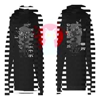 Kawaii Japonais Chat Noir Et Fleurs De Cerisier Tokyo Japon T-shirt à manches longues - Cadeauxyz