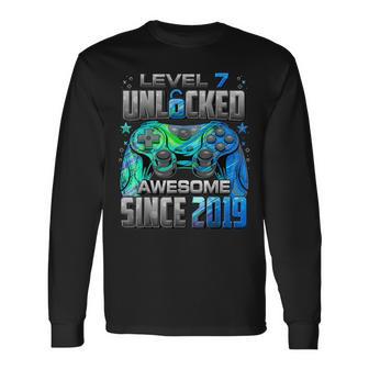 Level 7 Unlocked Awesome Since 2019 7Th Birthday Gaming Long Sleeve T-Shirt - Thegiftio UK