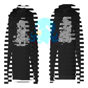 Lindo Pulpo Comiendo Donut Kawaii Dibujos Animados Japon Manga Larga Camiseta de manga larga - Regaloses