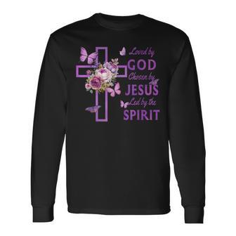 Loved By God Chosen By Jesus Purple Cross And Butterflies Long Sleeve T-Shirt - Thegiftio UK