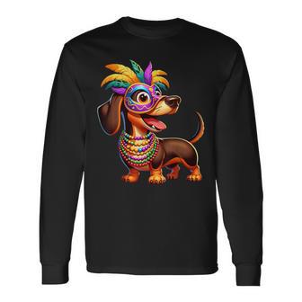 Mardi Gras Dachshund Wearing Mardi Gras Costume Beads Mask Long Sleeve T-Shirt - Thegiftio