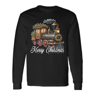 Merry Christmas Steam Train Locomotive Family Pajamas Long Sleeve T-Shirt - Thegiftio UK