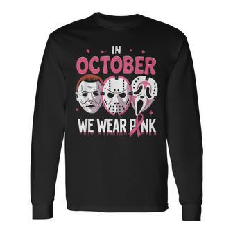 In October We Wear Pink Ghost Halloween Cancer Awareness Long Sleeve T-Shirt | Mazezy