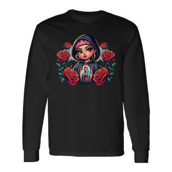 Old School Chicana Mexicana Latina With Red Roses Long Sleeve T-Shirt - Thegiftio UK