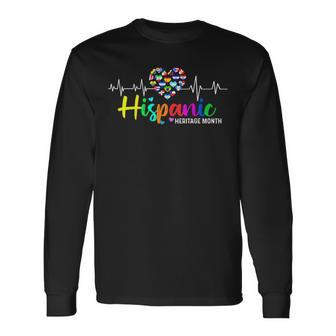 Hispanic Heritage Month Heartbeat Latin Flags Men Long Sleeve T-Shirt - Monsterry