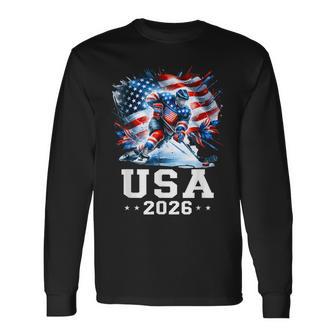 Patriotic American Flag Ice Hockey Hockey Player Fan Long Sleeve T-Shirt | Mazezy