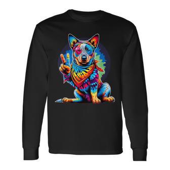 Peace Sign Tie Dye Blue Heeler Dog Long Sleeve T-Shirt - Thegiftio UK
