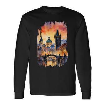 Praga Pintura Acuarela Arteintage Atardecer Prague Camiseta de manga larga - Regaloses