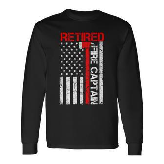 Retired Firefighter Fire Captain Retirement American Flag Long Sleeve T-Shirt - Thegiftio UK