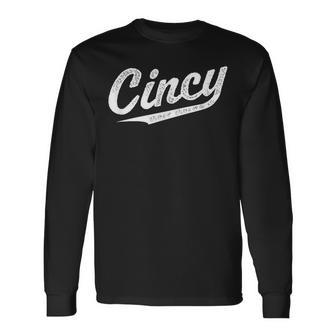 Retro Cincy Cincinnati Ohio Vintage Cursive Script Throwback Long Sleeve T-Shirt - Thegiftio