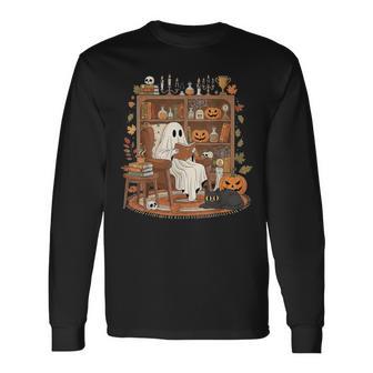 Retro Cozy Ghost Reading Bookish Librarian Halloween Long Sleeve T-Shirt - Thegiftio UK