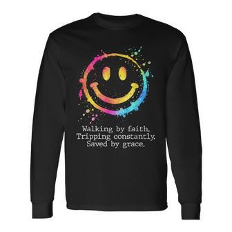 Retro Walking By Faith Tripping Constantly Saved By Grace Long Sleeve T-Shirt - Thegiftio UK