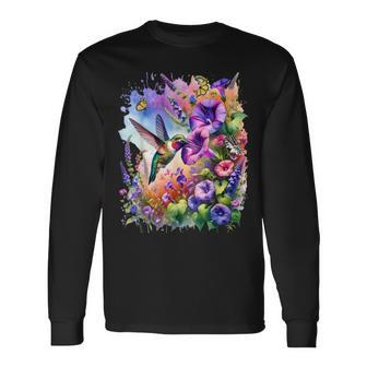 Ruby Throated Hummingbird With Wild Flowers And Butterflies Long Sleeve T-Shirt - Thegiftio UK
