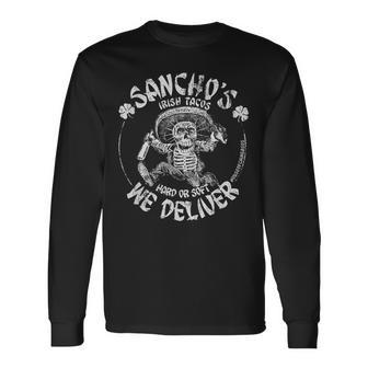 Sancho's Iris Tacos Hard Or Soft We Deliver Long Sleeve T-Shirt - Thegiftio UK