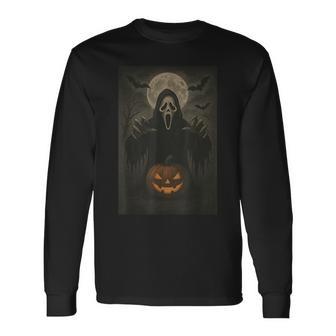 Scary Face Ghost Mask Pumpkin Moon Spooky Halloween Horror Long Sleeve T-Shirt | Mazezy