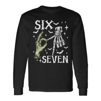 Six Seven 6 7 Meme Saying 6 7 Halloween Skeleton Hands Sign Long Sleeve T-Shirt - Thegiftio UK