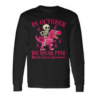 Skeleton Riding Dinosaur Trex Halloween Breast Cancer Long Sleeve T-Shirt - Thegiftio UK