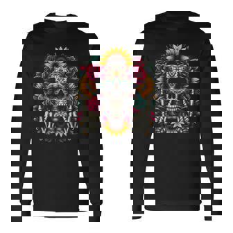 Skull Flowers On Rocker Sunflower Sugar Skull Rock Halloween Long Sleeve T-Shirt | Mazezy