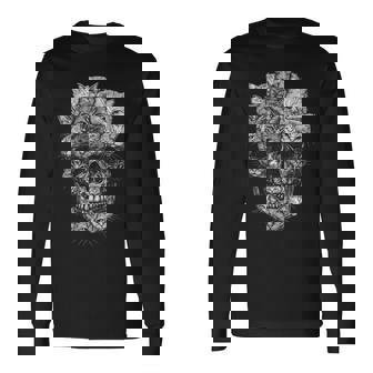 A Skull But It's Cats Kitty Skeleton Halloween Cat Skull Long Sleeve T-Shirt | Mazezy