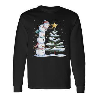 Snowman Merry Christmas Xmas Tree Snow Family Pajama Holiday Long Sleeve T-Shirt - Thegiftio UK