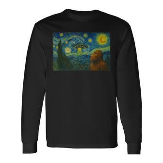 Starry Night Ufo Bigfoot Sci-Fi Van Gogh Painting Long Sleeve T-Shirt - Thegiftio UK