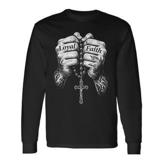 Tattooed Hands Rosary Cross Religious Chicano Mexican Long Sleeve T-Shirt | Mazezy