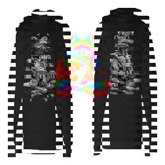 Tie-Dye Frog Playing Guitar Peace Sign Hippie Long Sleeve T-Shirt - Monsterry
