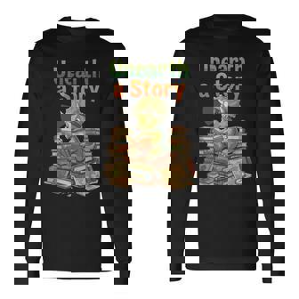 Unearth A Story Triceratops Dinosaur Reading Books Cute Dino Long Sleeve T-Shirt | Mazezy