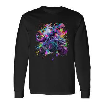 Unicorn Riding Dinosaur Monster Truck Long Sleeve T-Shirt - Thegiftio UK