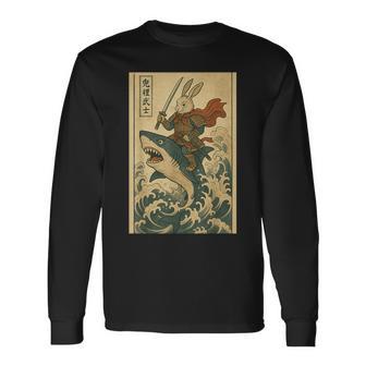 Vintage Japanese Anime Bunny Rabbit Samurai Riding Shark Long Sleeve T-Shirt - Monsterry