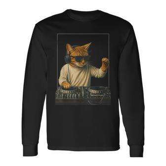 Vintage Orange Tabby Cat Playing Music Cat Lovers Dj Lovers Long Sleeve T-Shirt - Monsterry