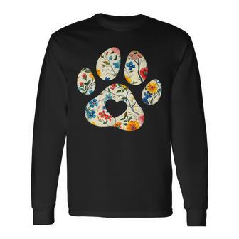 Vintage Silhouette Flowers Floral Paw Print Heart Long Sleeve T-Shirt - Thegiftio UK