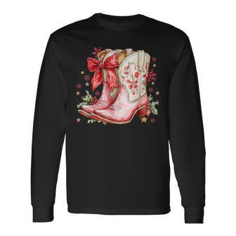 Western Christmas Family Pajamas Bow Cowgirl Cowboy Boots Long Sleeve T-Shirt | Mazezy