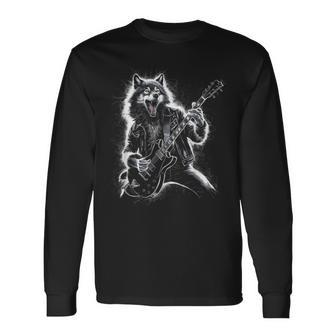 Wolf Playing Guitar Rocker Dog Playing Guitar Rock Long Sleeve T-Shirt - Thegiftio UK