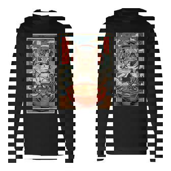 かわいい カワイイ ゲーマー猫 ラーメン ゲーム好き 猫好き向け 面白い デザイン レトロ 和風 日本 アニメ 長袖Tシャツ - Kawaiitshirt