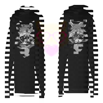 かわいいアライグマが吹くピンクのバレンタイン ハート バブルガム 長袖Tシャツ - Kawaiitshirt