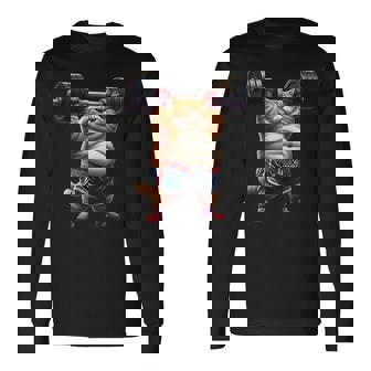 ギャグ ぽっちゃり猫 筋トレ ウエイトリフティング ジム 面白い グラフィック猫ミーム 長袖Tシャツ - Kawaiitshirt