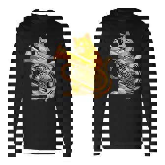 チューバを弾く面白い猫ギフト かわいい子猫ミュージシャンファン 長袖Tシャツ - Kawaiitshirt