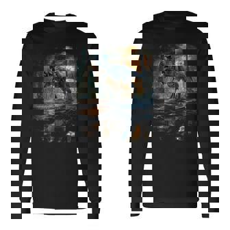 ティレックス 夜に吠える恐竜 リアルなグラフィックデザイン 長袖tシャツ 長袖Tシャツ - Kawaiitshirt