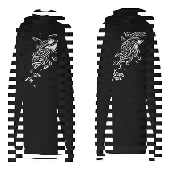トライバル シャチ クジラ ハワイアン マオリ タトゥー オーシャン アート デザイン 長袖Tシャツ - Kawaiitshirt